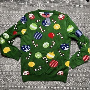 Sleep Hero Men’s NWT Ugly Christmas Sweater Medium Green Ornaments Sequins